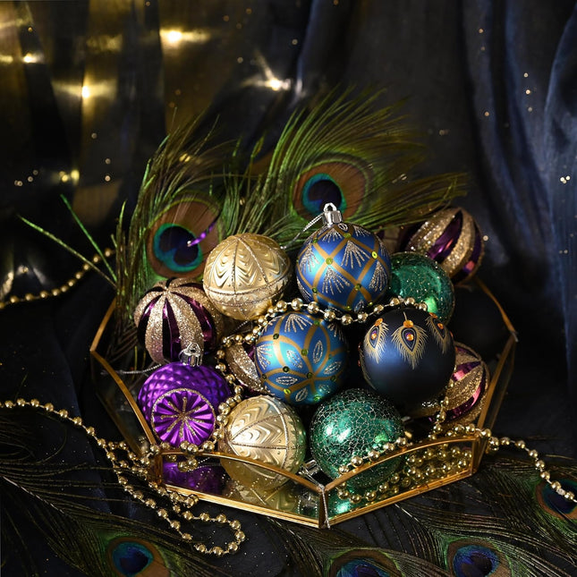 Valery Madelyn Christmas Ball Ornaments, 16ct Peacock Blue Purple Green Shatterproof Christmas Tree Decorations Set, 2.36 Inch Decorative Hanging Ornament Bulk for Xmas Holiday Party Decor