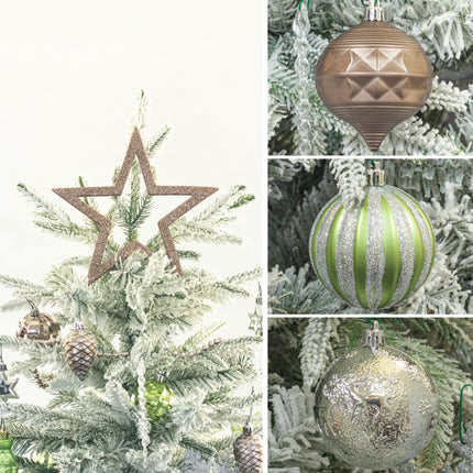 ITART 115pcs Christmas Tree Ornaments Assortment Neutral Including Star Tree Topper Balls Large Snowflakes Pine Cone Beads Garland Hanging Nutcracker Figurines for Christmas Tree Decor