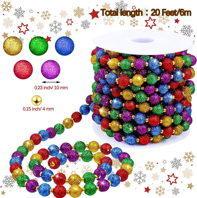 20 Feet Christmas Multi-Color Beaded Garland Glitter Colorful Tree Beads Garland Plastic Beads Garland Ribbon Faux Pearl Bead Garland for Christmas and Holiday Decorations
