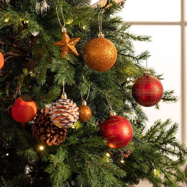 Valery Madelyn Christmas Ornaments Set, 70ct Red and Brown Shatterproof Christmas Tree Decorations, Woodland Hanging Ball Ornaments Bulk for Thanksgiving Xmas Holiday Decor