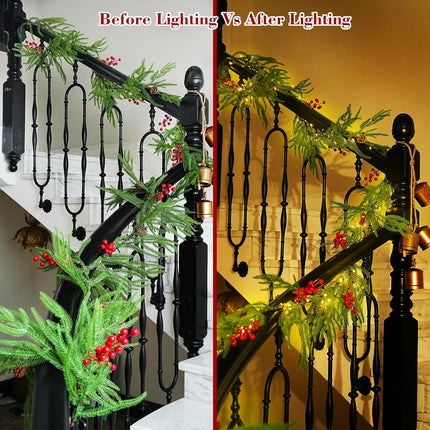 Christmas Garland with Lights Artificial - 4PCS Norfolk Pine Garlands Set, 2 Real Touch Christmas Teardrop Swag 1 Christmas Wreath for Mantle, Table, Indoor, Porch Christmas Decorations