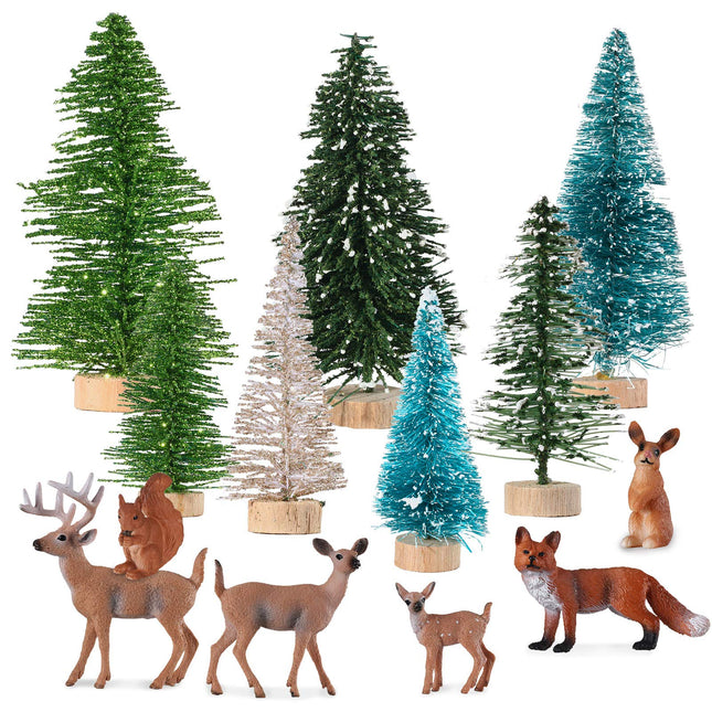 13 Pieces Christmas Mini Forest Animal Figures Trees Kit Woodland Creatures Figurines Animal Cake Toppers Plastic Trees Tabletop Ornaments for Xmas Village Accessories Decoration