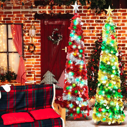 2 Pcs 5 ft Prelit Slim Christmas Tree Decor Pop Up Pencil Christmas Tree with String Lights Artificial Sequin Collapsible Christmas Tree with Star Topper for Xmas Holiday Outdoor Decorations