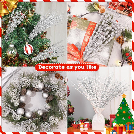 12 Pack Silver Christmas Tree Decorations, 16" Glitter Berry Stems Ornaments, Christmas Picks Sticks for Christmas Tree Topper Filler Vase DIY Home Decor