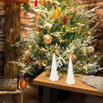 iStatue Tabletop Christmas Tree Decoration 8.3'' Tall - Set of 2 Mini White Resin LED Trees with Intricate Details Figurines - Indoor Holiday Light Decor and Xmas (Trees)