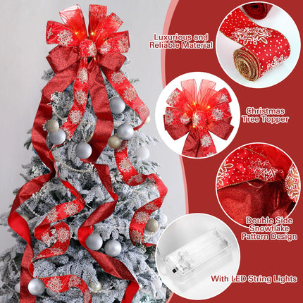 XunYee Large Christmas Tree Topper Bow 12.6 inch Lighted up Christmas Bow with 4 Snowflake Ribbon Streamers x 3 Yards Long Each for Xmas Christmas Tree Decor(Red)