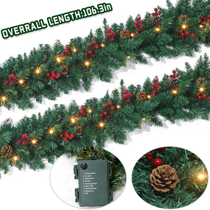9 Ft Christmas Garland with Lights Battery Operated for Outdoor Indoor Decoration- Prelit Artificial Xmas Garland Decored with Pine Cones Berry for Home Stairs Fireplace