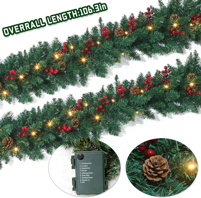 9 Ft Christmas Garland with Lights Battery Operated for Outdoor Indoor Decoration- Prelit Artificial Xmas Garland Decored with Pine Cones Berry for Home Stairs Fireplace