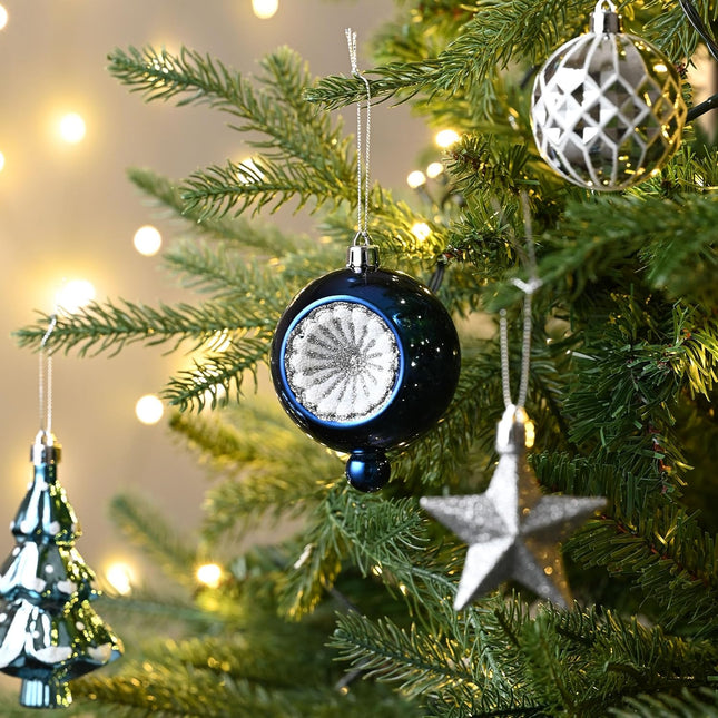 Valery Madelyn Christmas Ornaments Set, 100ct Navy Blue and Silver Shatterproof Christmas Tree Decorations Ball Ornaments Bulk, Winter Wonderland Hanging Ornaments for Xmas Trees Holiday Decor