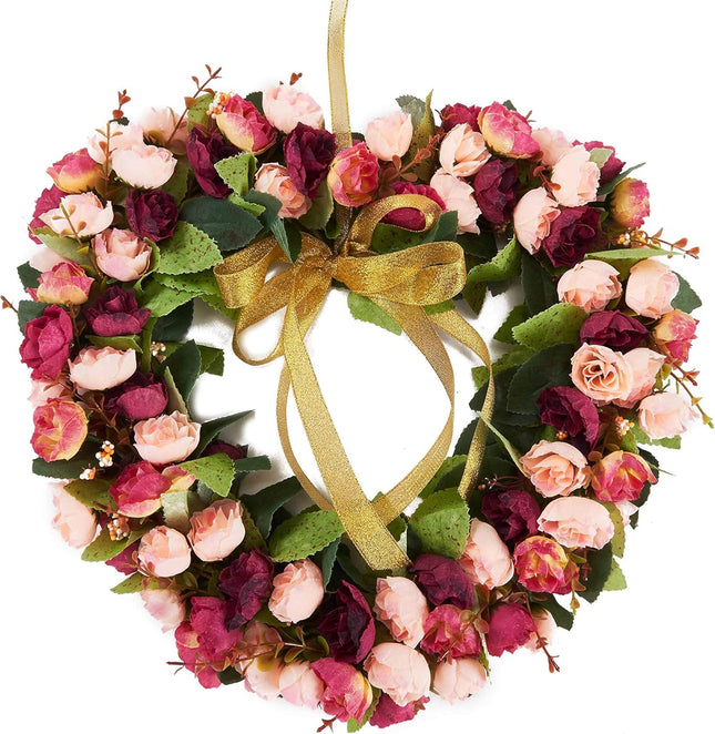Heart-Shaped Garland Wreath Vintage Art Simulation Rose Flowers Wreath for Home Decoration Wedding Wine Red (14inch, Heart)