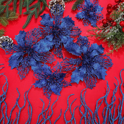 Yinder 48 Pcs Glitter Christmas Tree Filler Decorations Set 24 Pcs 13.7'' Christmas Curly Spray Picks 24 Christmas Poinsettia Flowers Artificial Twigs for Xmas Party Wreath Table Centerpiece (Blue)
