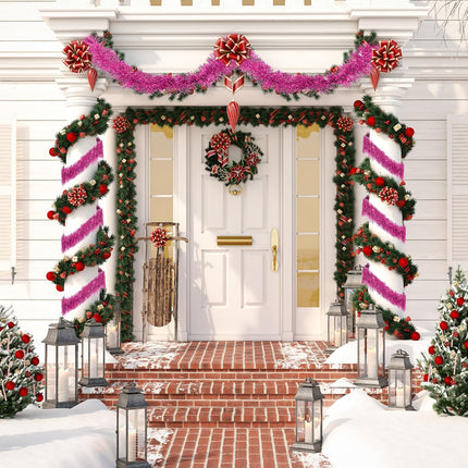 32.8 Ft Pink Christmas Tinsel Garland Metallic Shiny Tassle Banner Wall Hanging Tinsel Streamers Backdrop for Christmas Holiday Birthday Party Supplies Indoor Outdoor Ornaments Home Decor