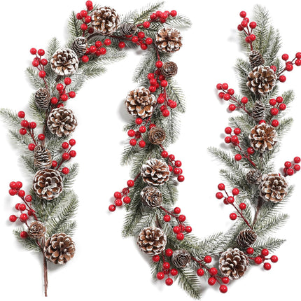 6FT Artificial Christmas Garland with Holly Berries Pinecones Pine Needle Winter Greenery Garland for Holiday Mantel Stairs Fireplace Table Runner Centerpiece Decoration