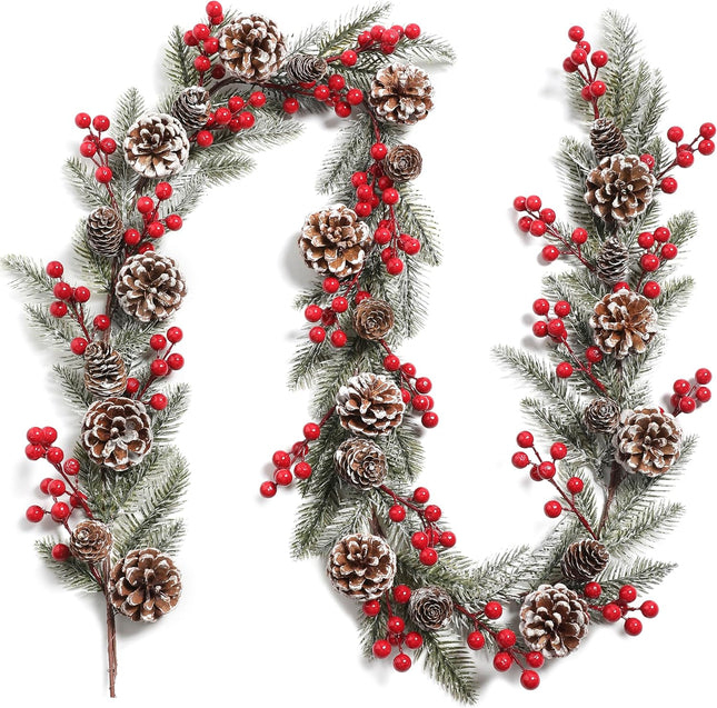 6FT Artificial Christmas Garland with Holly Berries Pinecones Pine Needle Winter Greenery Garland for Holiday Mantel Stairs Fireplace Table Runner Centerpiece Decoration