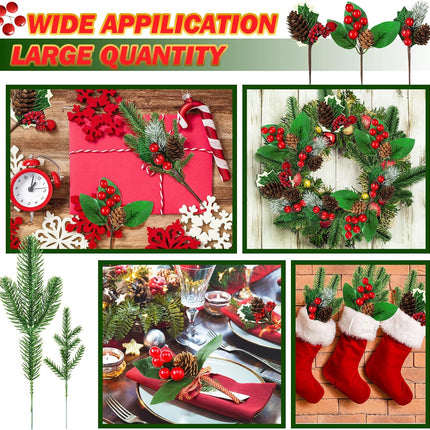 60 Pcs Christmas Artificial Green Pine Needles, Christmas Floral Picks Artificial Holly Red Berry Twig Stem Pine Snowy Cone Branches Garland Bulk for Xmas Tree Craft Holiday Winter (Charming Style)