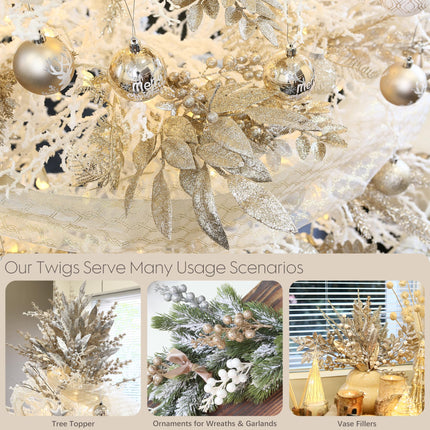 Sea Team 6-Pack Artificial Glitter Leaf Ornaments, Decorative Sticks, Glittery Twigs, Stems, Picks, Branches for Christmas Tree, Wreath, Vase Fillers for Centerpieces, Home Décor, Champagne