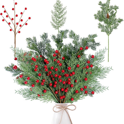 Sggvecsy 30 Pcs Artificial Pine Branches Fake Greenery Pine Picks with Pine Cones Artificial Red Berry Branches Christmas Pine Needles for DIY Wreath Xmas Embellishing Flower Arrangements Decoration