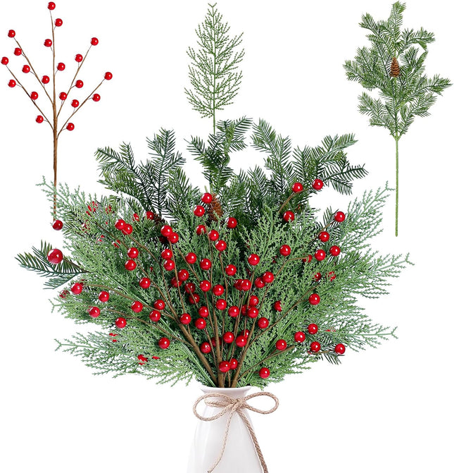 Sggvecsy 30 Pcs Artificial Pine Branches Fake Greenery Pine Picks with Pine Cones Artificial Red Berry Branches Christmas Pine Needles for DIY Wreath Xmas Embellishing Flower Arrangements Decoration