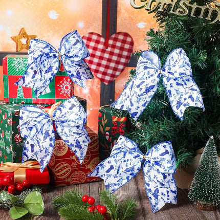 12 Pcs Christmas Bows Chinoiserie Ornaments 6.3 Inch Large Blue and White Chinoiserie Decor Christmas Wreath Bows Christma Tree Bows Ribbons for Garland Holiday Party