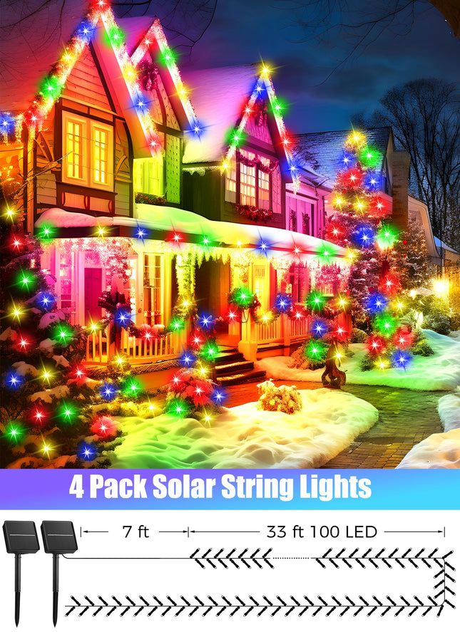 Minetom Solar String Lights for Outside, 4 Pack Total 160FT 400 LED Solar Christmas Lights Outdoor with 8 Modes, Solar Lights Outdoor Waterproof,Solar Christmas String Lights for Tree House,Multicolor