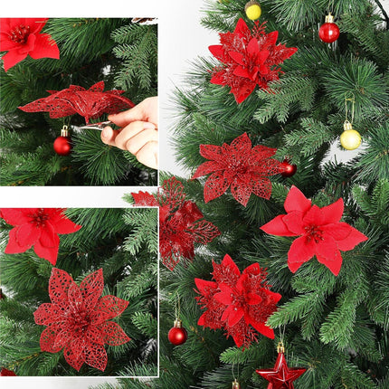 Whaline 24Pcs Christmas Poinsettias Xmas Red Glitter Artificial Flowers with 24Pcs Clips for Wreath Xmas Tree Ornament Wedding Party Decor
