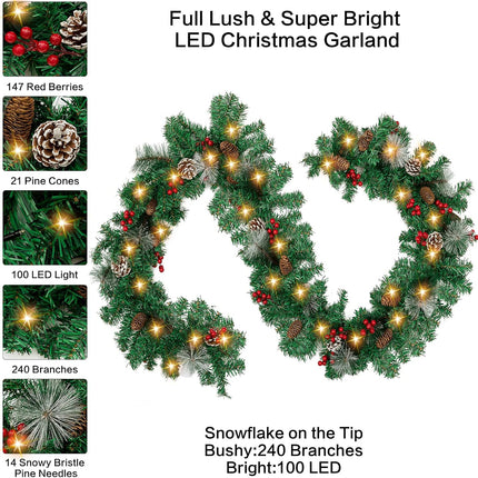 Jelofly 9Ft by 10Inch 100 LED Christmas Garland Battery Operated Christmas Garland Lighted Pine Garland Mantle Garland for Outdoor Indoor Christmas Xmas Holiday Decorations, Warm White