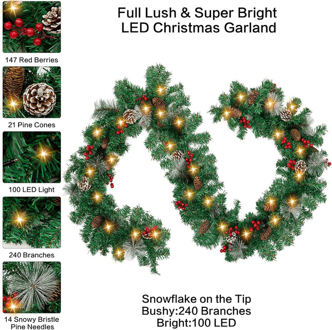 Jelofly 9Ft by 10Inch 100 LED Christmas Garland Battery Operated Christmas Garland Lighted Pine Garland Mantle Garland for Outdoor Indoor Christmas Xmas Holiday Decorations, Warm White