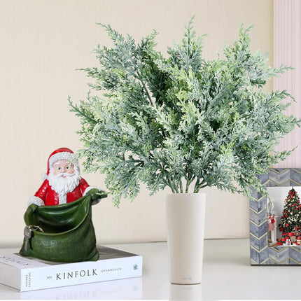 Sggvecsy 8 Pack Snowy Artificial Pine Branches Frosted Faux Cedar Spray 19’’ Long Greenery Cedar Picks Christmas Cedar Stems for DIY Garland Wreath Xmas Embellishing Garden Home Decoration