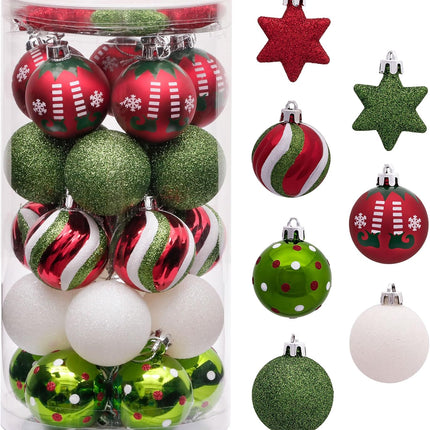 Valery Madelyn Christmas Ball Ornaments, 35ct Elf Red Green White Shatterproof Christmas Tree Decorations Set, 1.97 Inch Whimsical Decorative Hanging Ornament Bulk for Xmas Holiday Party Decor