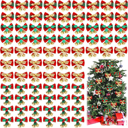 Christmas Bow with Bells for Crafts Christmas Mini Bowknot Ornament Craft Present Bow Christmas Tree Wreaths Hanging Decor (100 Pieces)