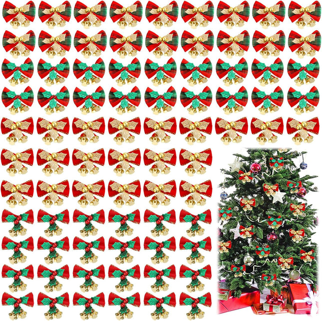 Christmas Bow with Bells for Crafts Christmas Mini Bowknot Ornament Craft Present Bow Christmas Tree Wreaths Hanging Decor (100 Pieces)