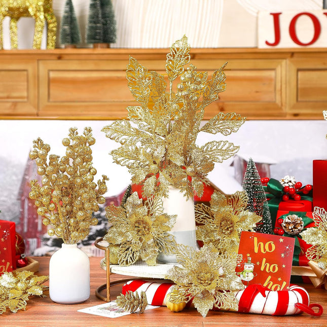 24 Pcs Artificial Glitter Christmas Tree Picks, Boxed 12 Poinsettia Flowers+ 6 Berry Stems+ 6 Flowers Berry Leaves Decorations Set, Indoor Outdoor Holiday Ornaments Decor, Gold