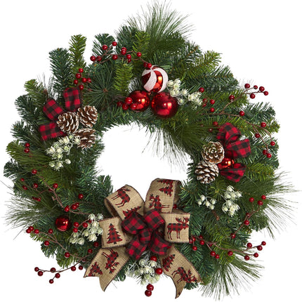 Nearly Natural 24in. Christmas Pine Artificial Wreath with Pine Cones and Ornaments