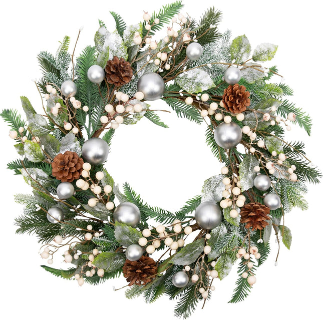VGIA 20 Inch Christmas Wreath for Front Door Artificial Door Wreath for Christmas Decor Xmas Wreath with Christmas Balls Pine Needles Pine Cone for Holiday Party Farmhouse Decorations
