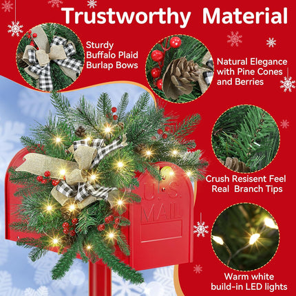 Liliful 55 Inch Christmas Mailbox Swag Accented with Black and White Checkered Bow Lights Berry Clusters Pine Cones, Christmas Lighted Mailbox Swag for Xmas Mailbox Mantelpiece Indoor Outdoor Decor