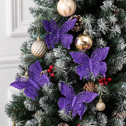15 PCS Glitter Christmas Tree Butterfly Ornaments, Hollow Butterfly Christmas Decorations with Clips, Artificial Butterfly Ornaments Decoration for Christmas Tree, DIY Xmas Wreath Decor - Dark Purple