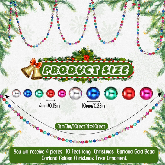 Huwena 4 Pieces 10 Feet Christmas Tree Bead Garlands Hanging Christmas Tree Garland Pearl Xmas Tree Bead for Christmas Tree Fireplace Wreath Ornaments