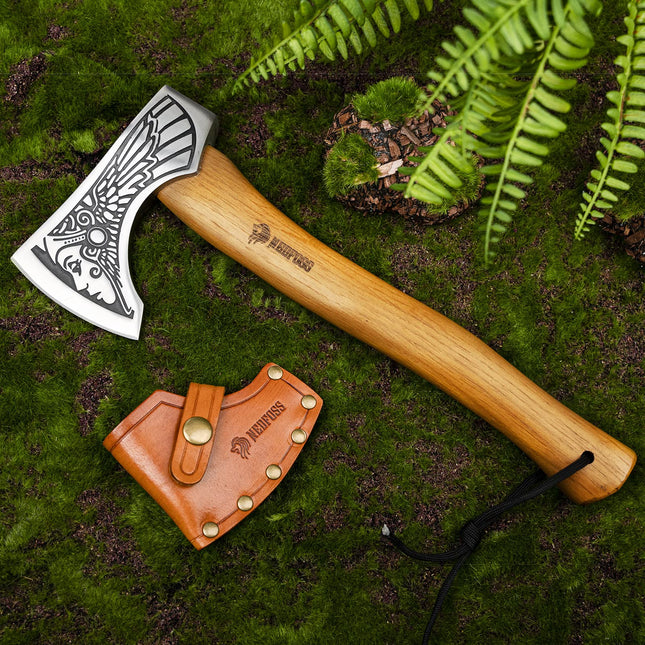 NedFoss 13" Valkyrie Viking Axe Handmade Viking Hatchet with Leather Sheath High Carbon 1055 Steel Blade Premium Viking Axes Design for Camping Bushcraft Hatchet Collection Gift for Men Women