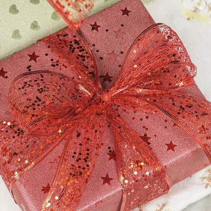 MEEDEE Red Glitter Ribbon Wire Mesh Ribbon with Sparkle Red Christmas Ribbon 2.5 Inch Metallic Ribbon Red Wired Ribbon for Christmas Tree Decoration, Ribbon Garland, Wreath Bow Making (25 Yards)