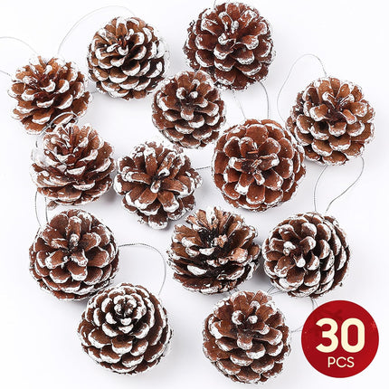 Christmas 30PCS Natural TIMOXMAS Pine Cones 1.5 to 2.5 inch Snow Frosting Pinecones with Hanging String, White Brown Pine Cone Decorations for DIY Crafts Holiday Wreath Garland Party Ornaments