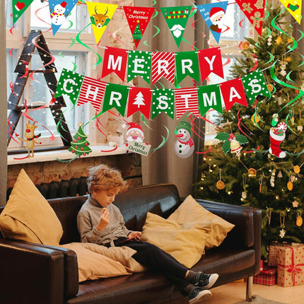 27Pcs Christmas Decorations Kit, Merry Christmas Banner, Paper Fan Flower, Hanging Garland Triangle Bunting, Xmas Tree Elk Snowman Swirl Streamers for Christmas Decor Party Supplies