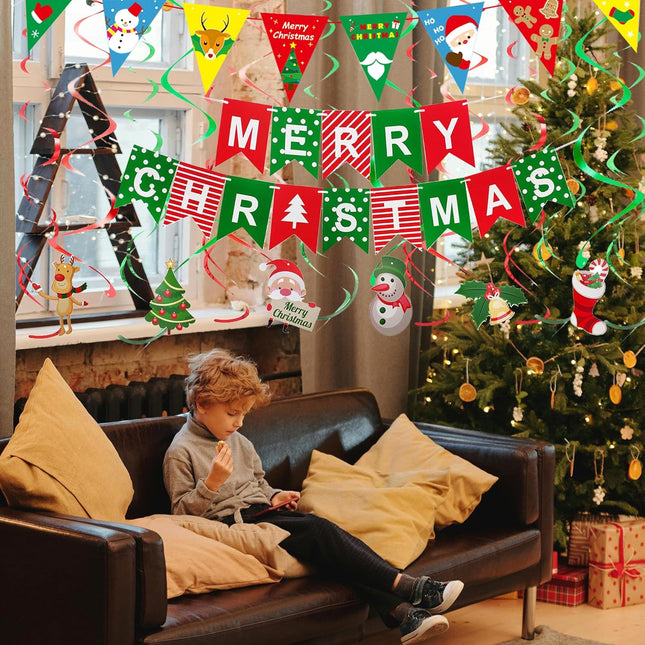 27Pcs Christmas Decorations Kit, Merry Christmas Banner, Paper Fan Flower, Hanging Garland Triangle Bunting, Xmas Tree Elk Snowman Swirl Streamers for Christmas Decor Party Supplies