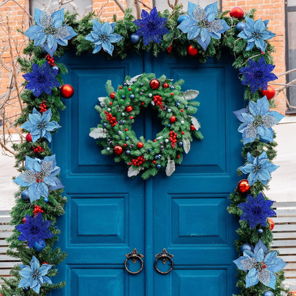 Winlyn 26 Set 3 Style Christmas Blue Glitter Poinsettia Flowers Picks Xmas Tree Ornaments and 12 Yards Decorative Blue Glittered Wired Ribbon for Blue Christmas Tree Wreath Garland Holiday Décor