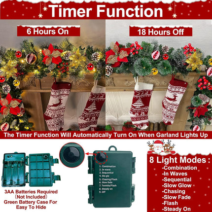 [ 2 Pack & Timer 8 Mode ] 9 Ft 100 LED Prelit Christmas Garland, Each 18 Ball 6 Poinsettia 300 Thick Snowy Tips 18 Pinecone 198 Red Berry Battery Operated Christmas Garland Decor Mantle Indoor Outdoor