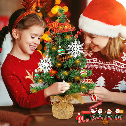 23.6" Mini Christmas Tree Table Top Lighted Artificial Xmas Tree Rustic Burlap Base - Small Tabletop Christmas Tree with Red Berries Stem Snowflake Christmas Ball Ornaments for Xmas DIY Decorations