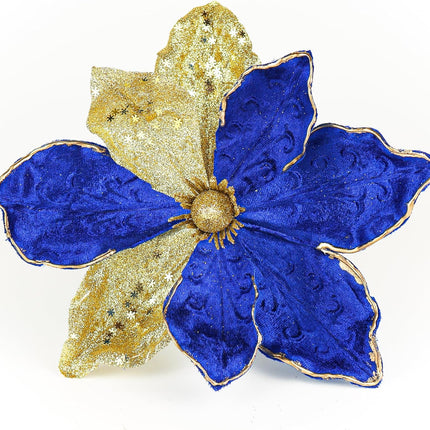 10" Velvet Poinsettias Artificial Christmas Flowers, 6pcs Large Glitter Christmas Poinsettia Picks, Floral Stems for Christmas Tree Wreath Garland Decorations DIY Ornaments (Blue
