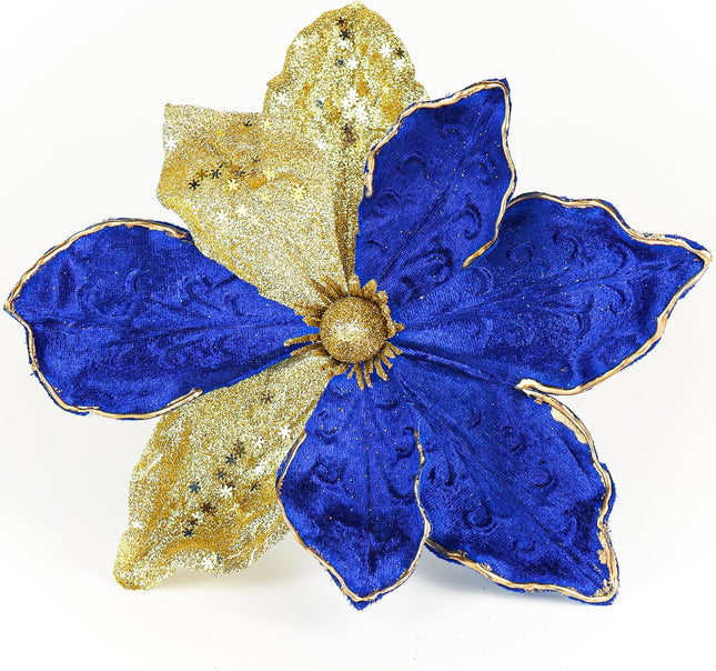10" Velvet Poinsettias Artificial Christmas Flowers, 6pcs Large Glitter Christmas Poinsettia Picks, Floral Stems for Christmas Tree Wreath Garland Decorations DIY Ornaments (Blue