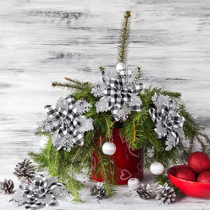 5.7 Inch Artificial Poinsettias Christmas Glitter Flowers with Clips Xmas Tree Flower Ornament Poinsettias Decor (Black and White Buffalo with Silver Petals,24 Pieces)