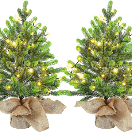Lulu Home 2 Packs Pre-lit Artificial Mini Christmas Tree, 24 Inch Tabletop Battery Operated Pine Tree with 50 LED Light and Burlap Wrap Base for Xmas Spring Decor