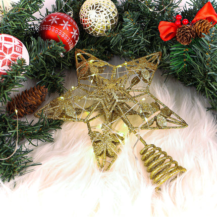 Glitter Gold Star Tree Topper, 3D Hollow Poinsettia Tree Toppers Christmas Decorations Battery Operated, Metal Christmas Tree Topper Star with Lights, Lighted Christmas Tree Star Topper